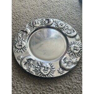Celestial Themed Pewter Plate Hacienda Real Mexico  Moon Sun Stars Silver Vtg